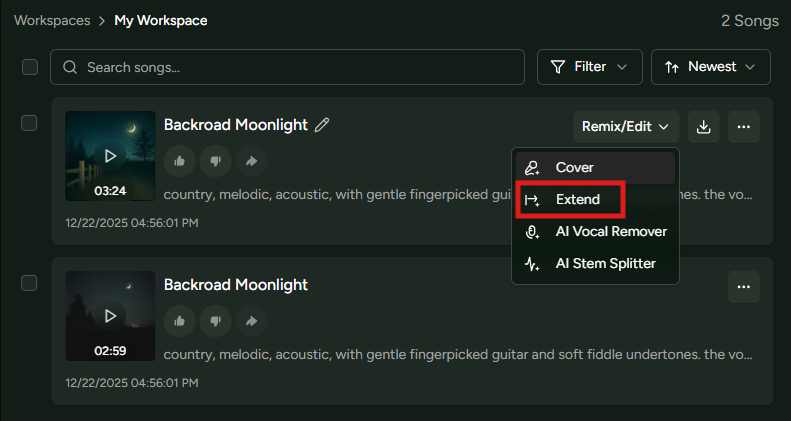 Choose the song to extend